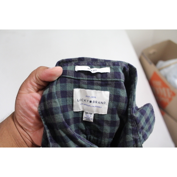 Lucky Brand Men Green Blue Plaid Button Down Shirt Slim Fit Size Medium - Picture 2 of 10